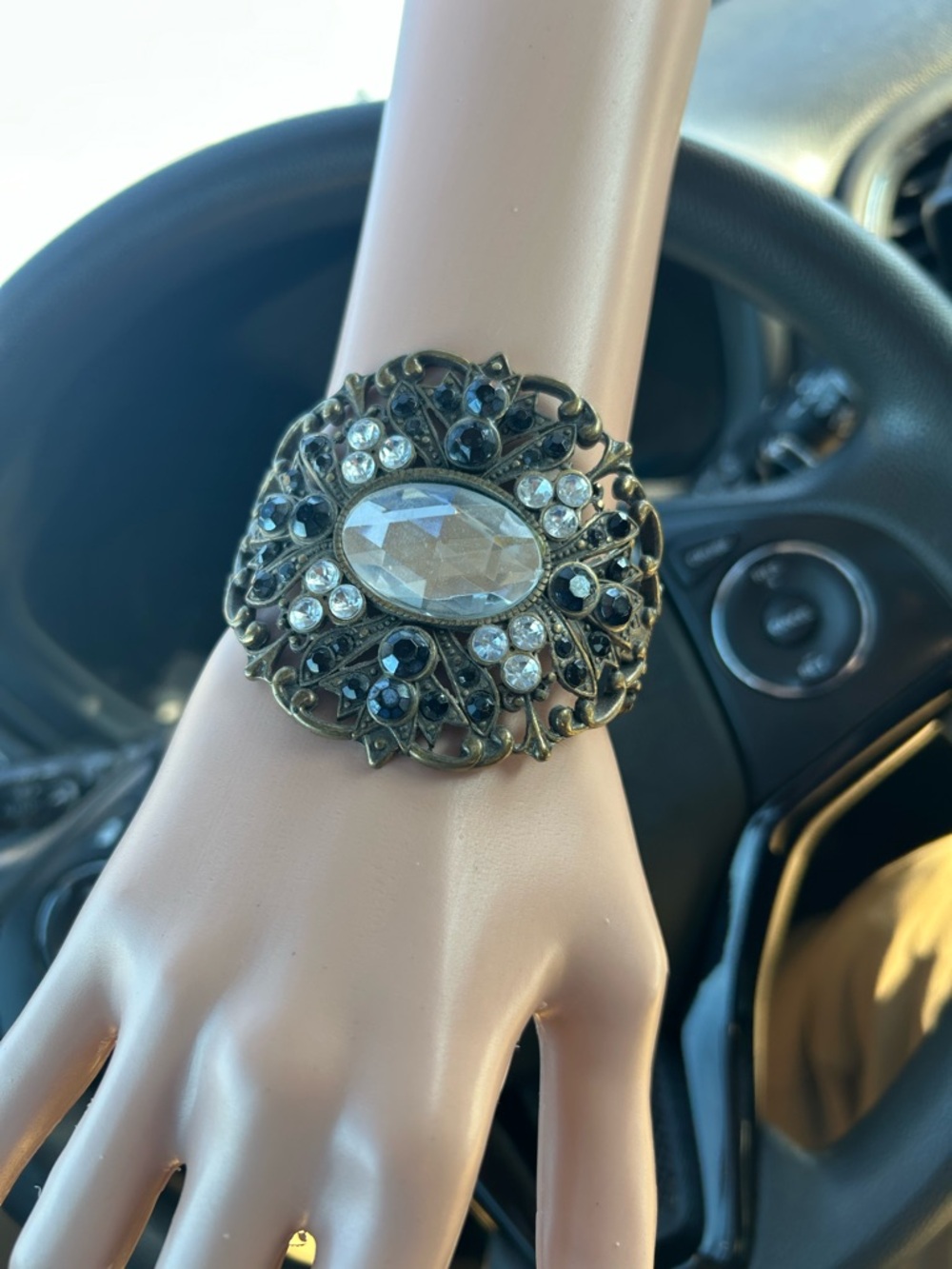 Vintage-Inspired Filigree Cuff Bracelet Antique Brass Tone Rhinestones gothic
